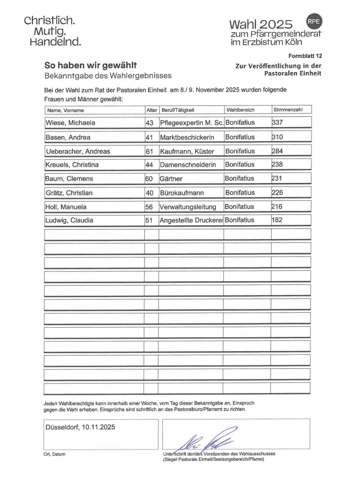 Bekanntmachung PGR-Wahl (c) kath. Kirchengemeinde St. Bonifatius Düsseldorf