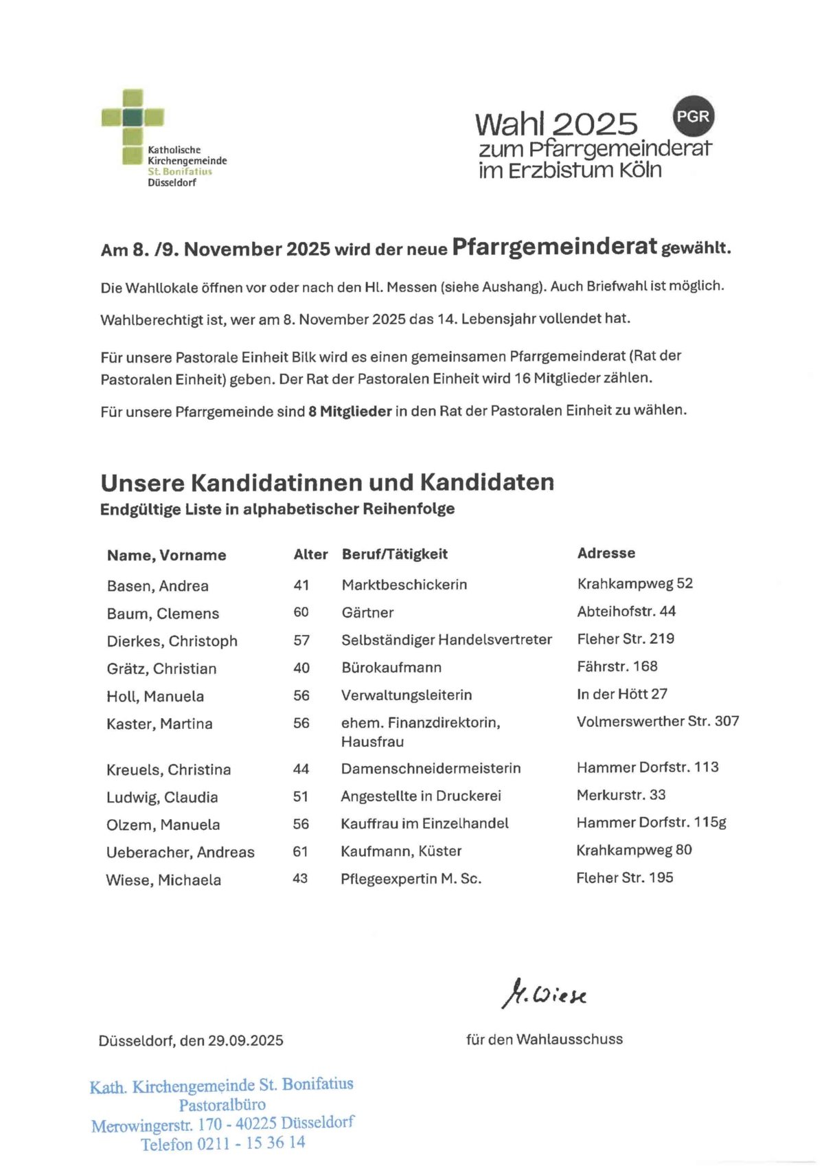 PGR-Wahl, endgülitge Kandidatenliste der kath. Kichengemeinde St. Bonifatius Düsseldorf (c) kath. Kichengemeinde St. Bonifatius Düsseldorf