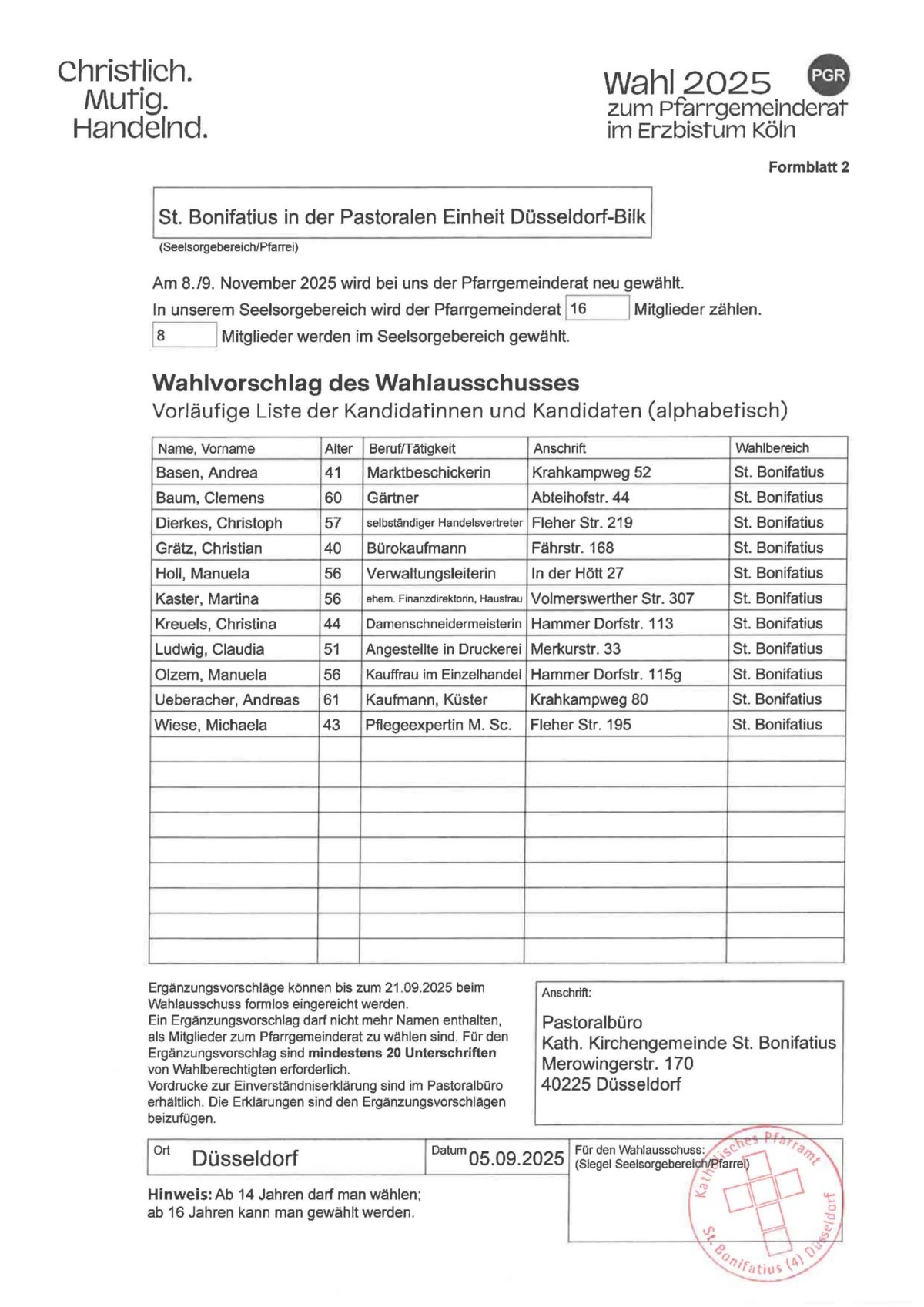 Wahlvorschlag_PGR_Aushang (c) kath. Kirchengemeinde St. Bonifatius Düsseldorf