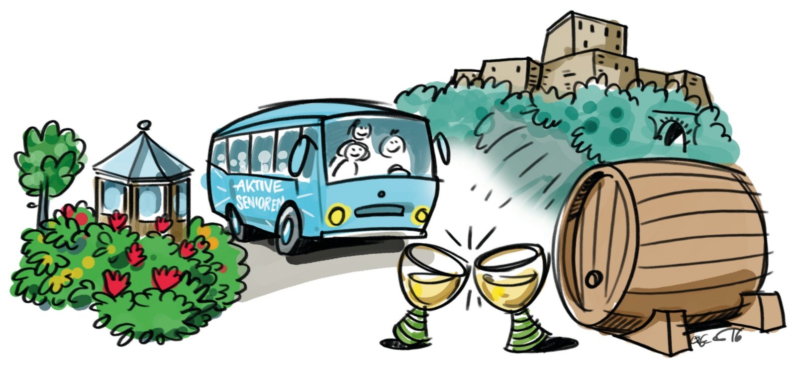 Aktive Senioren im Bus unterwegs (c) Peter Esser Illustration