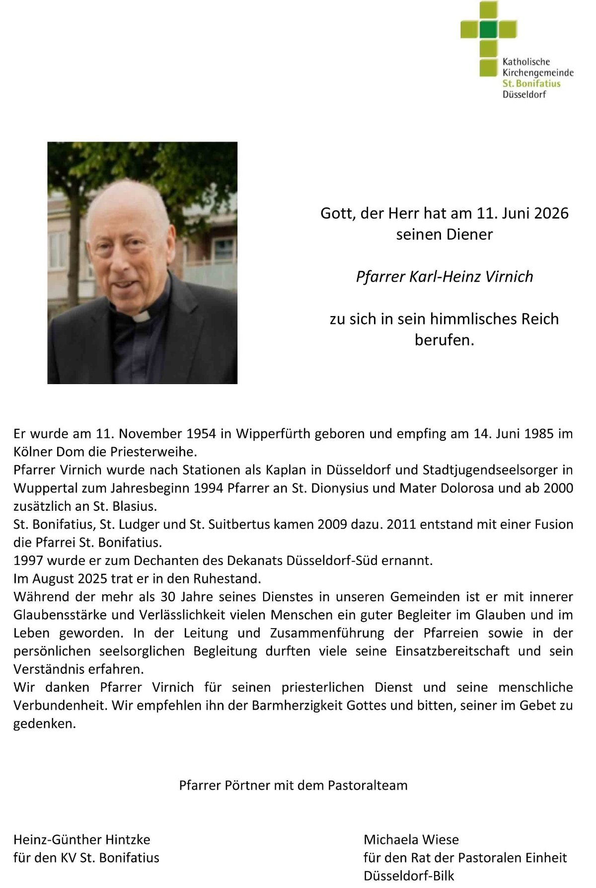 Nachruf Pfr. Virnich (c) kath. Kirchengemeinde St. Bonifatius Düsseldorf