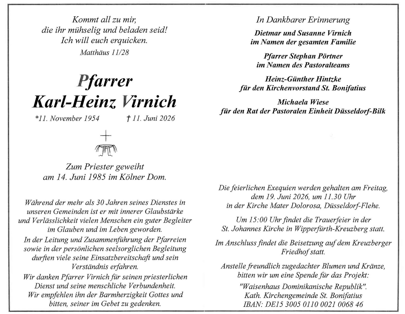 Pfr. Virnich Todesanzeige (c) kat. Kirchengemeinde St. Bonifatius Düsseldorf