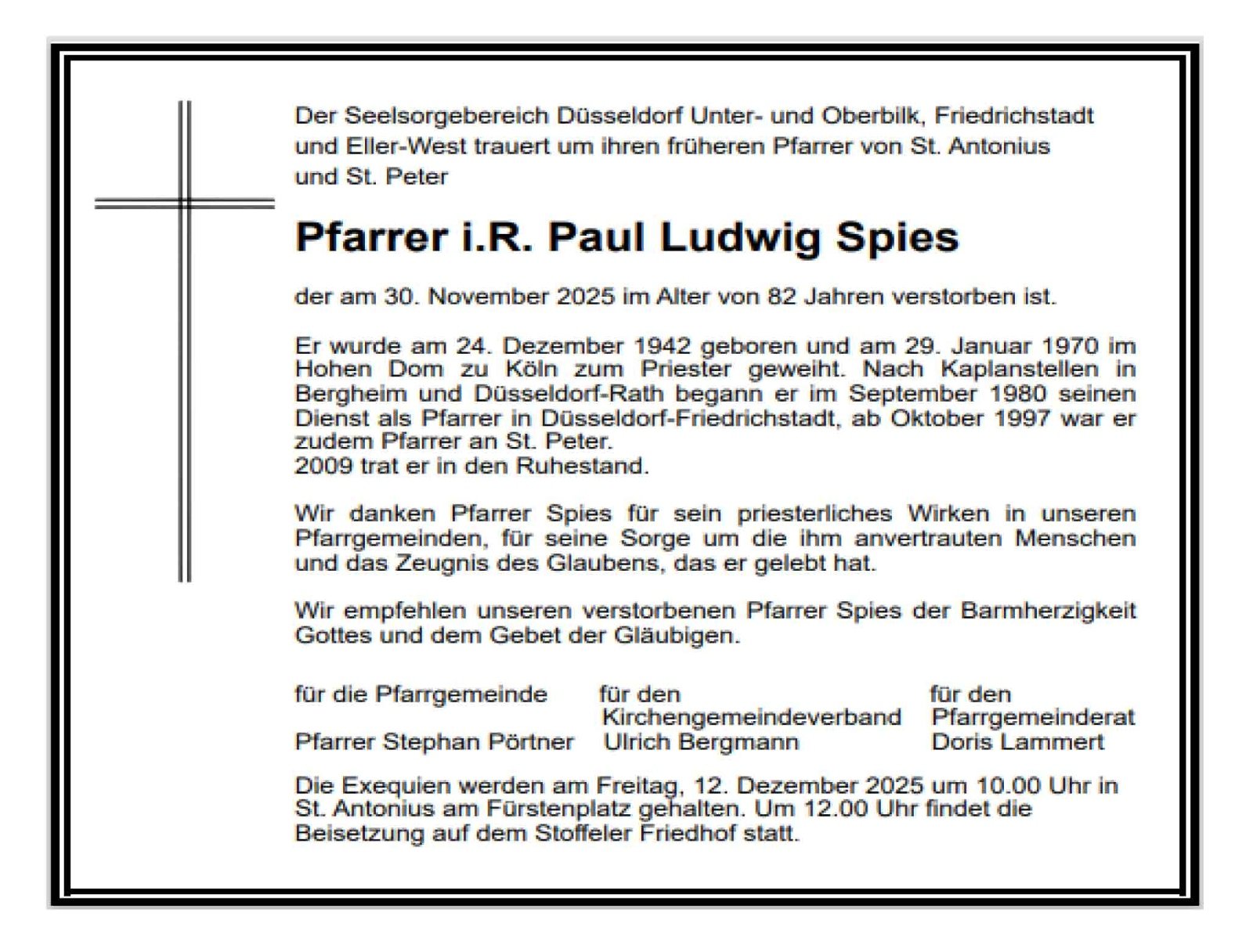 Todesanzeige Pfarrer i.R. Paul Ludwig Spies (c) Seelsorgebereich Düsseldorf Unter- und Oberbilk, Freidrichstadt und Eller-West