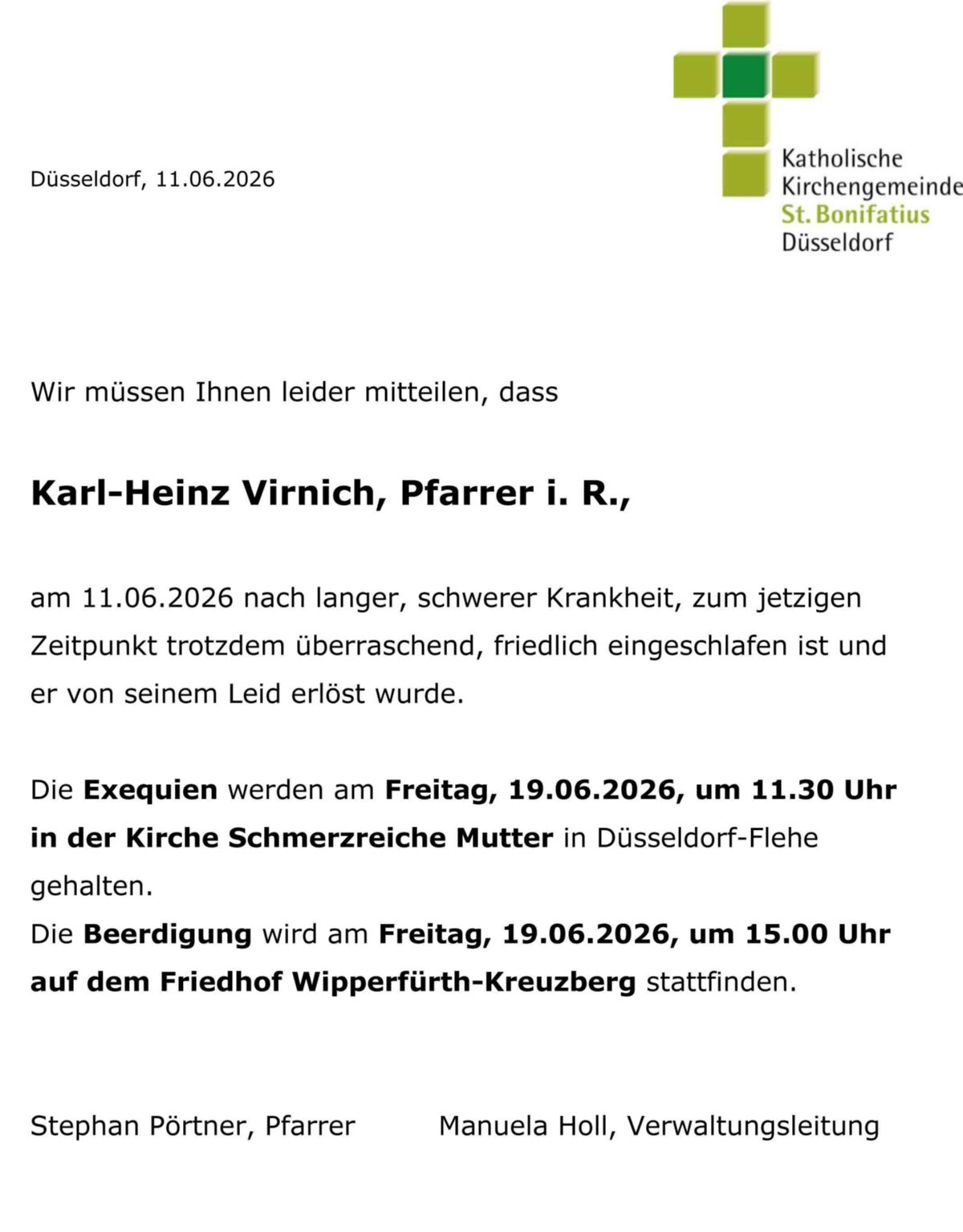 Todesfall Pfr. Virnich, 1. Aushang (c) kath. Kirchengemeinde St. Bonifatius Düsseldorf