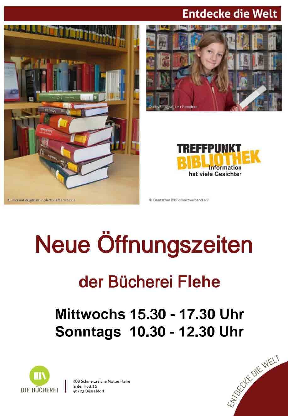 Neue Öffnungszeiten der Bücherei Flehe (c) KÖB Flehe der kat. Kirchengemeinde St. Bonifatius Düsseldorf
