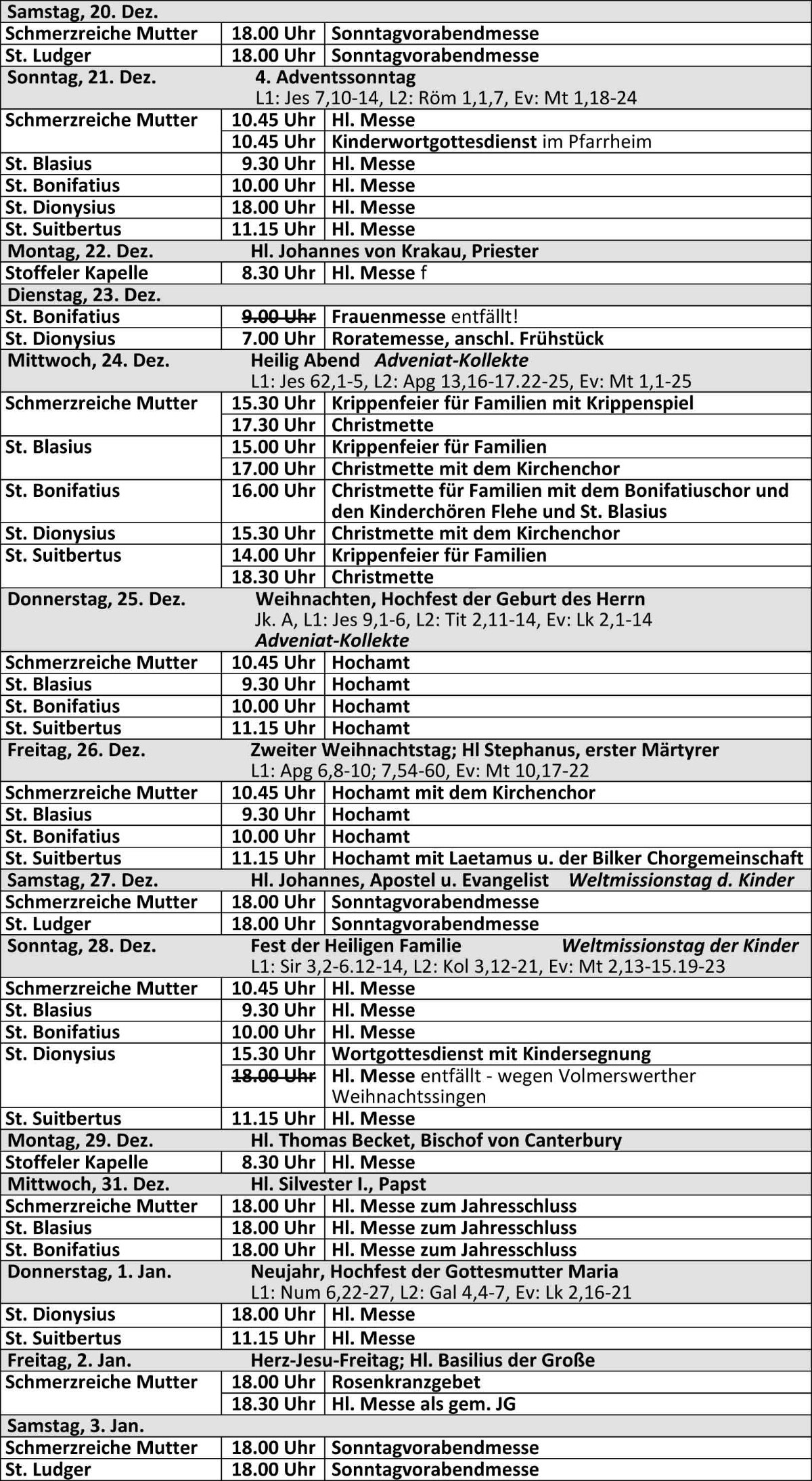 Gottesdienstordnung ab dem 20.12.2025 der kath. Kirchengemeinde St. Bonifatius Düsseldorf (c) kath. Kirchengemeinde St. Bonifatius Düsseldorf
