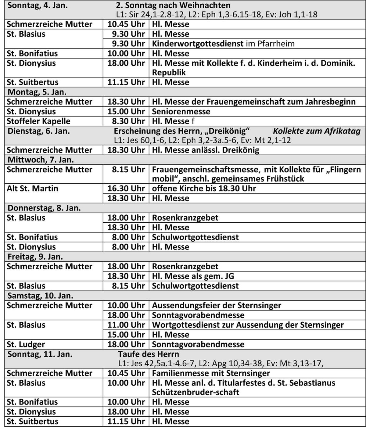 Gottesdienstordnung ab dem 04.01.2026 der kath. Kirchengemeinde St. Bonifatius Düsseldorf (c) kath. Kirchengemeinde St. Bonifatius Düsseldorf