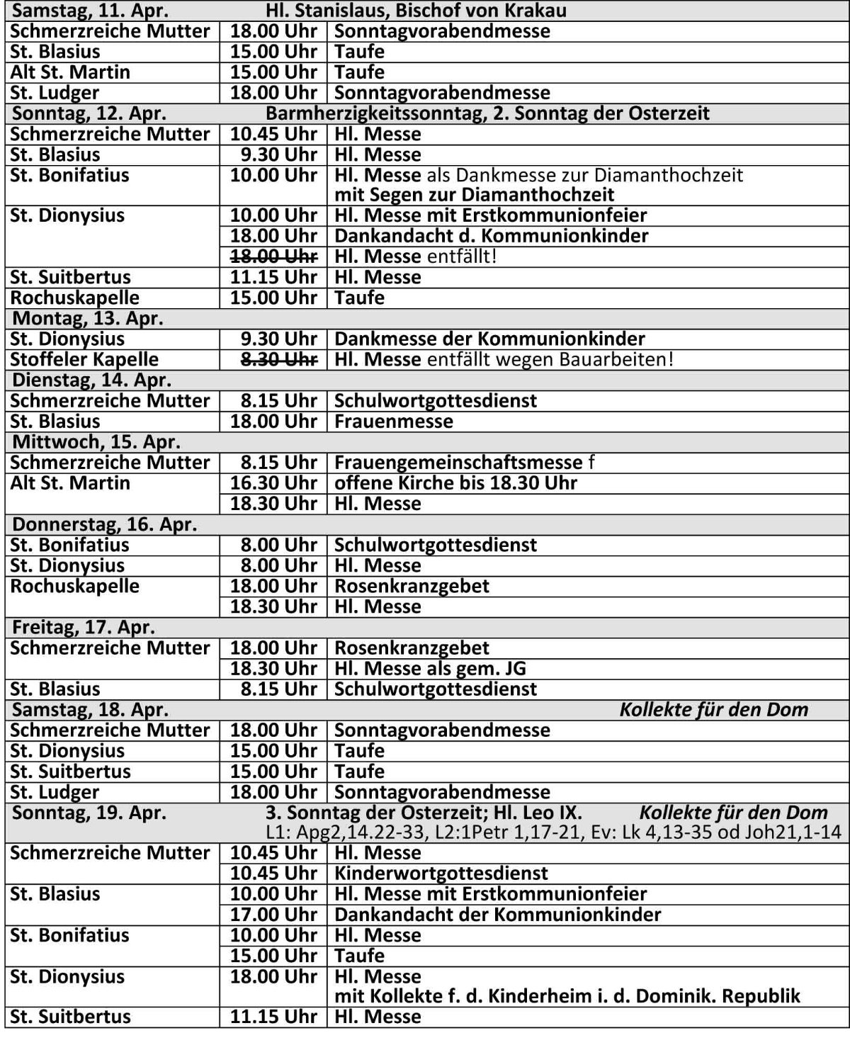 Gottesdienstordnung ab dem 11.04.2026 der kath. Kirchengemeinde St. Bonifatius Düsseldorf (c) kath. Kirchengemeinde St. Bonifatius Düsseldorf