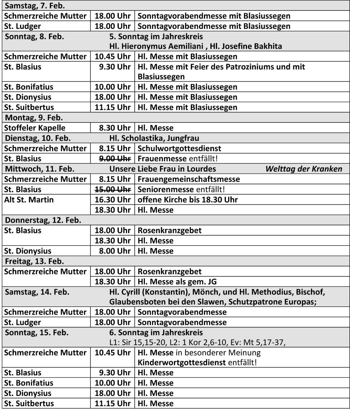 Gottesdienstordnung ab dem 07.02.2026 der kath. Kirchengemeinde St. Bonifatius Düsseldorf (c) kath. Kirchengemeinde St. Bonifatius Düsseldorf
