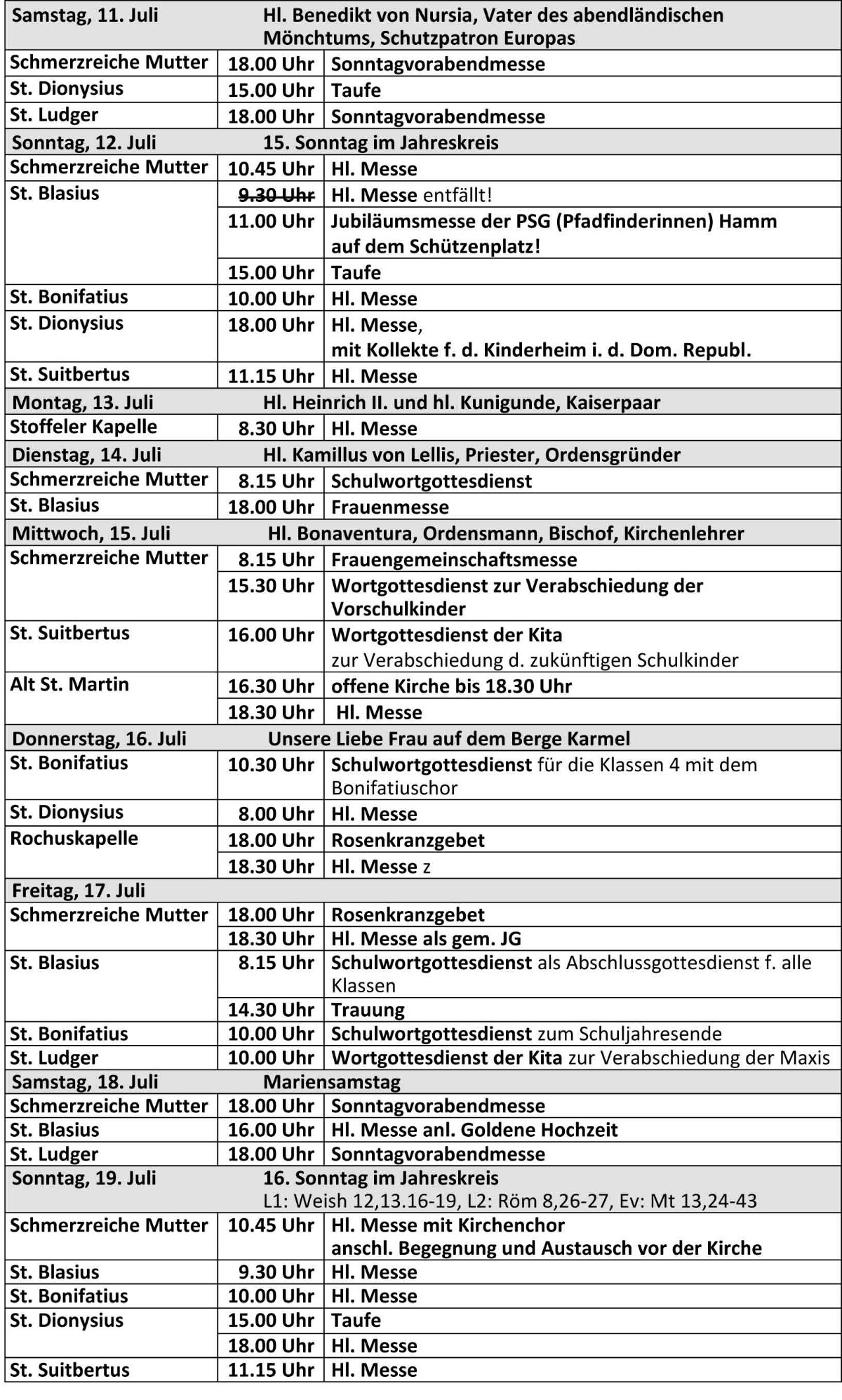 Gottesdienstordnung ab dem 11.07.2026 der kath. Kirchengemeinde St. Bonifatius Düsseldorf (c) kath. Kirchengemeinde St. Bonifatius Düsseldorf