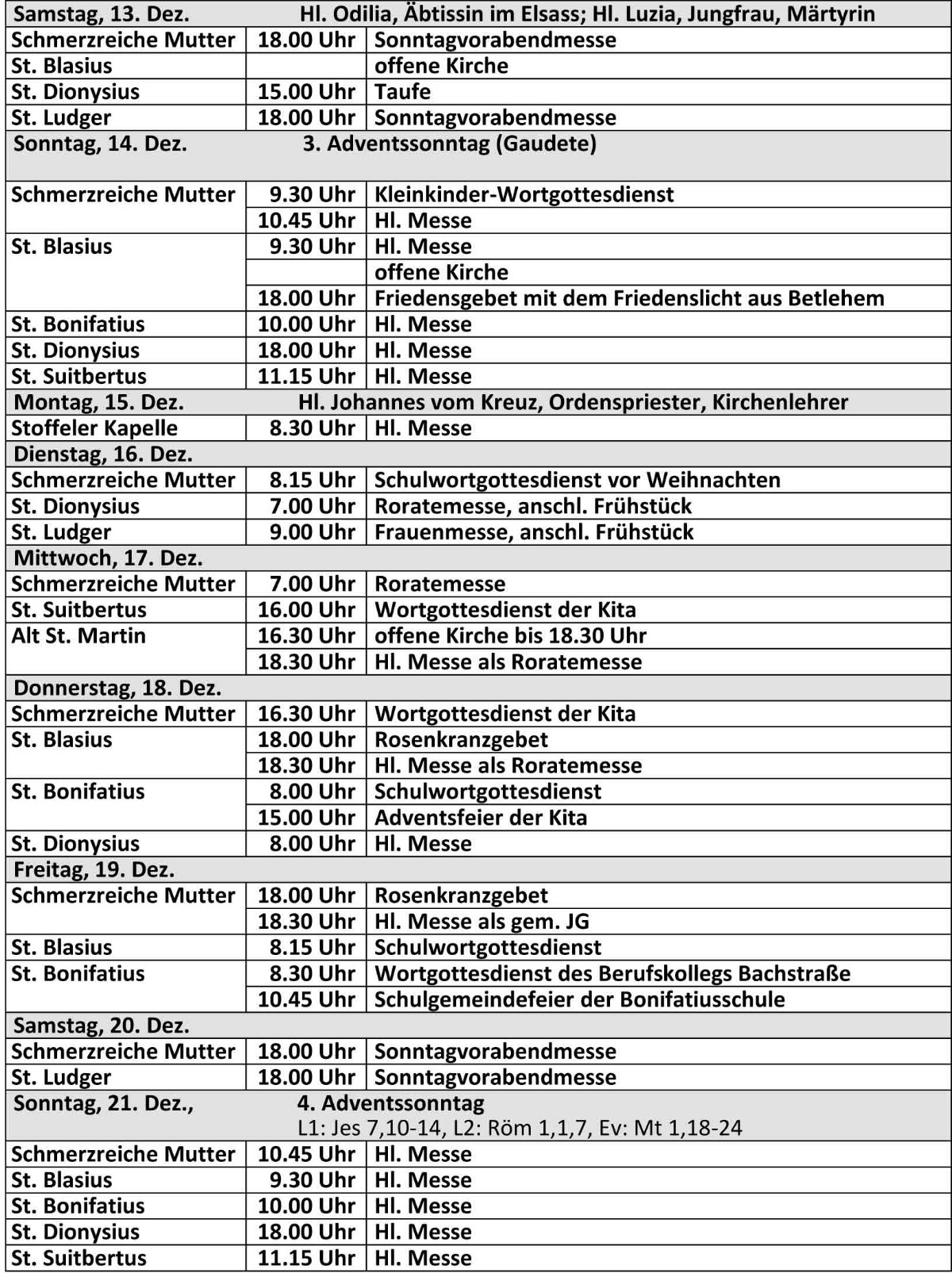 Gottesdienstordnung ab dem 13.12.2025 der kath. Kirchengemeinde St. Bonifatius Düsseldorf (c) kath. Kirchengemeinde St. Bonifatius Düsseldorf