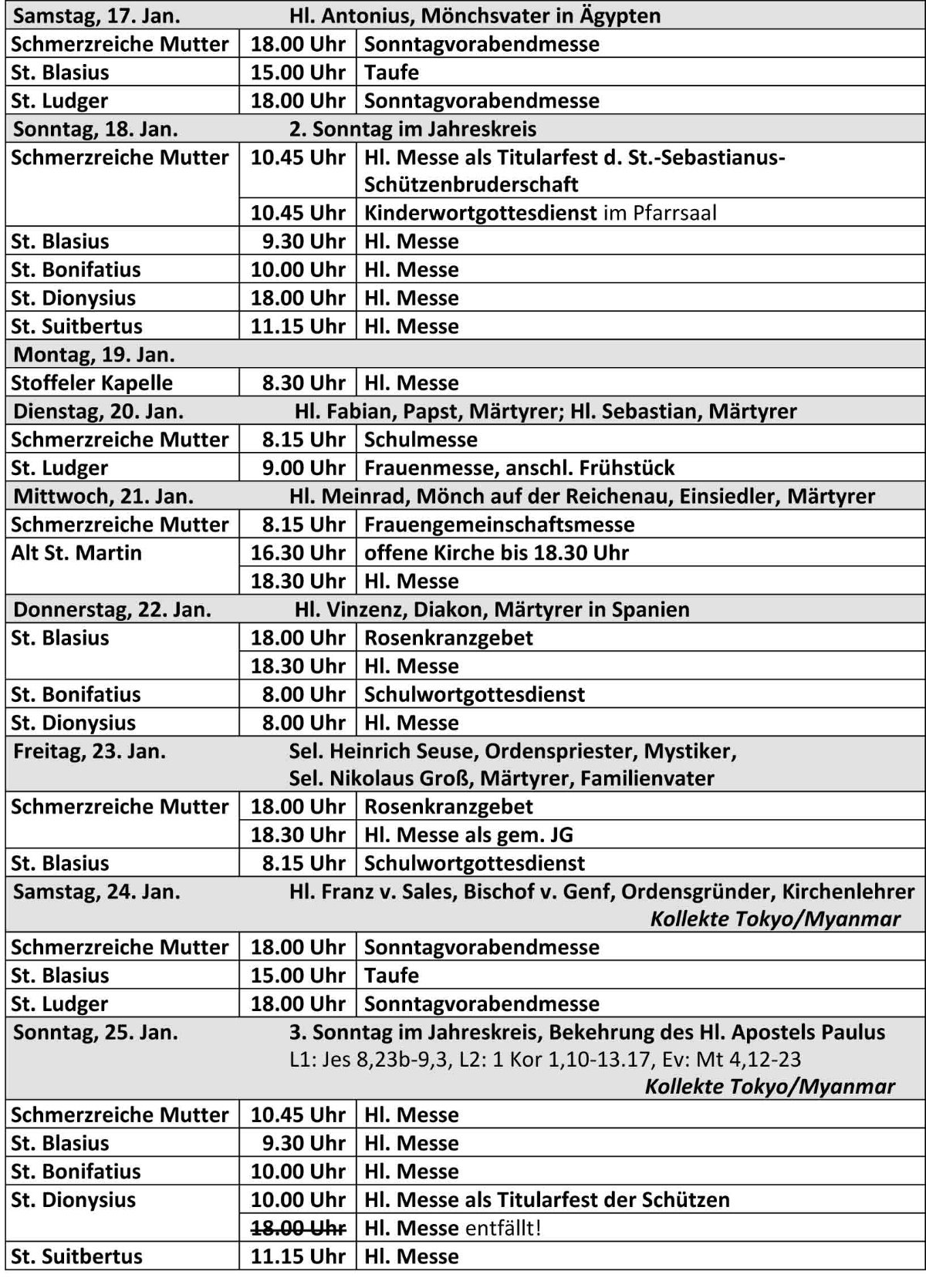 Gottesdienstordnung ab dem 17.01.2026 der kath. Kirchengemeinde St. Bonifatius Düsseldorf (c) kath. Kirchengemeinde St. Bonifatius Düsseldorf