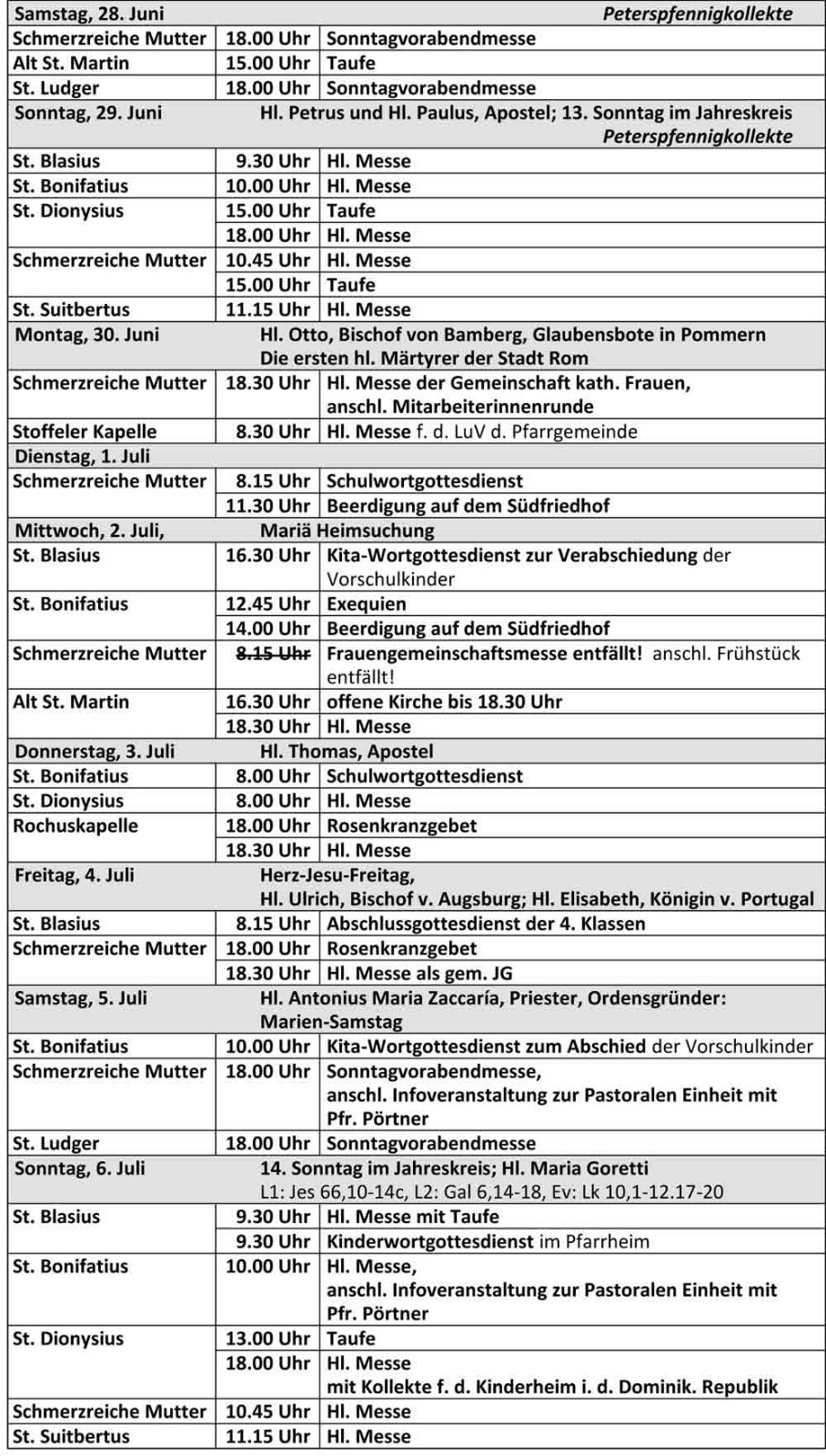 Gottesdienstordnung ab dem 28.06.2025 der kath. Kirchengemeinde St. Bonifatius Düsseldorf (c) kath. Kirchengemeinde St. Bonifatius Düsseldorf