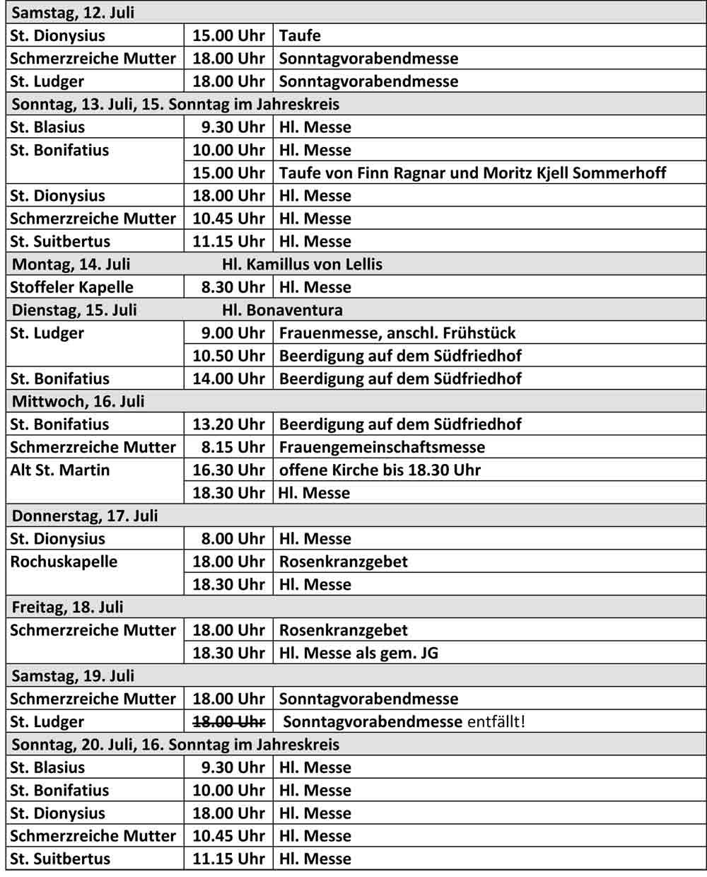 Gottesdienstordnung ab dem 12.07.2025 der kath. Kirchengemeinde St. Bonifatius Düsseldorf (c) kath. Kirchengemeinde St. Bonifatius Düsseldorf