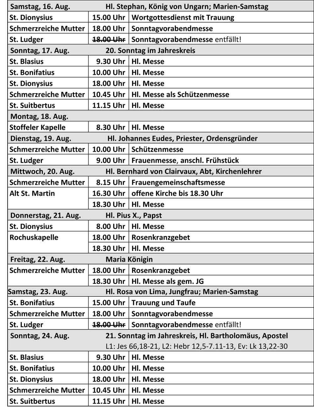 Gottesdienstordnung ab dem 18.08.2025 der kath. Kirchengemeinde St. Bonifatius Düsseldorf (c) kath. Kirchengemeinde St. Bonifatius Düsseldorf