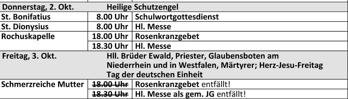 Gottesdienstordnung ab dem 27. 09.2025 der kath. Kirchengemeinde St. Bonifatius Düsseldorf (c) kath. Kirchengemeinde St. Bonifatius Düsseldorf