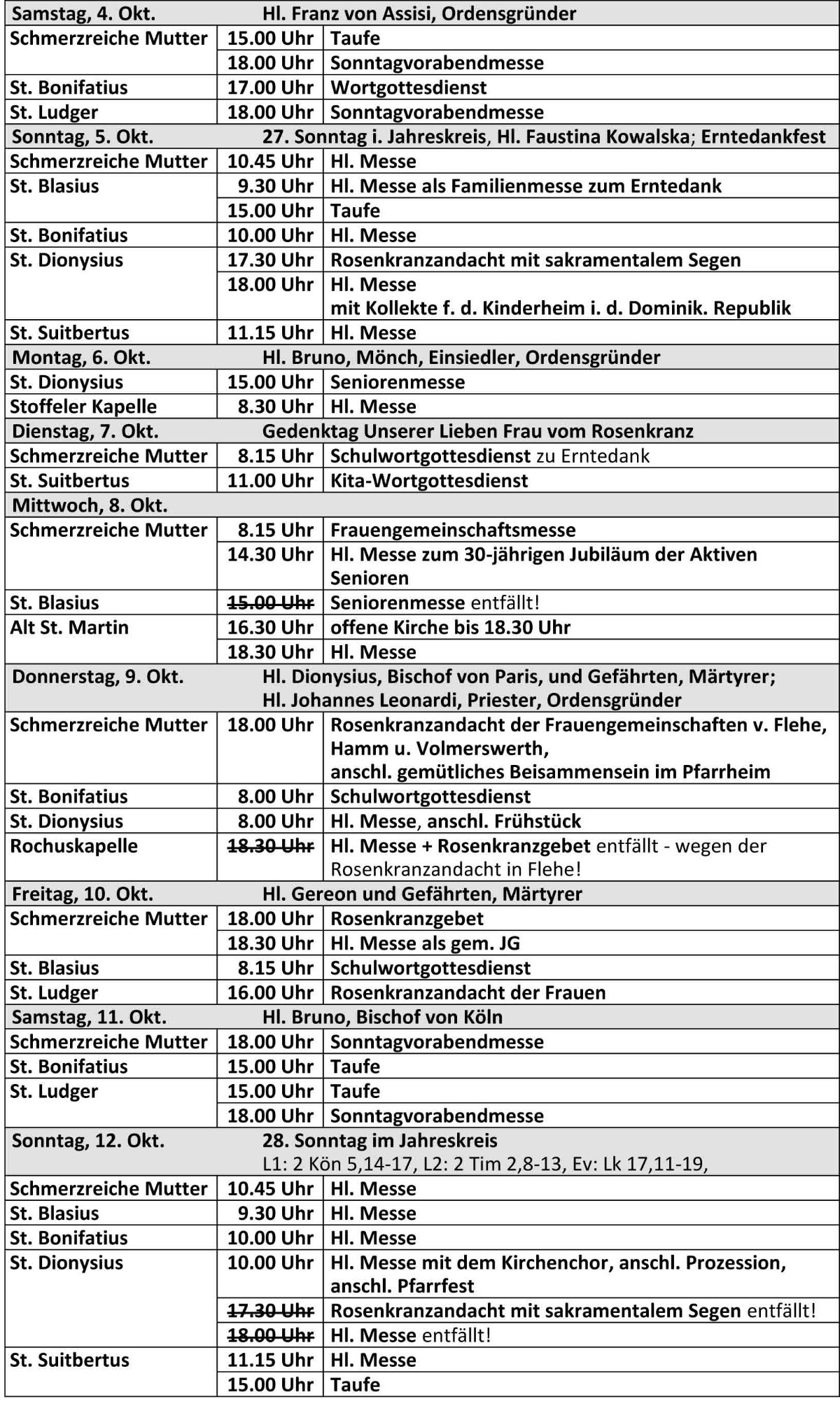 Gottesdienstordnung ab dem 04.10.2025 der kath. Kirchengemeinde St. Bonifatius Düsseldorf (c) kath. Kirchengemeinde St. Bonifatius Düsseldorf