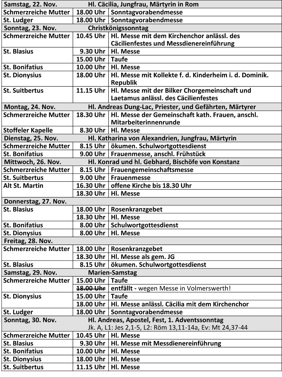 Gottesdienstordnung ab dem 22.11.2025 der kath. Kirchengemeinde St. Bonifatius Düsseldorf (c) kath. Kirchengemeinde St. Bonifatius Düsseldorf