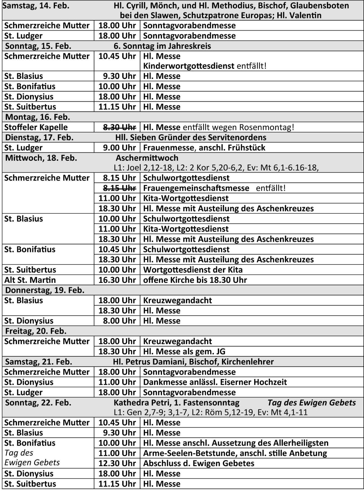 Gottesdienstordnung ab dem 14.02.2026 der kath. Kirchengemeinde St. Bonifatius Düsseldorf (c) kath. Kirchengemeinde St. Bonifatius Düsseldorf