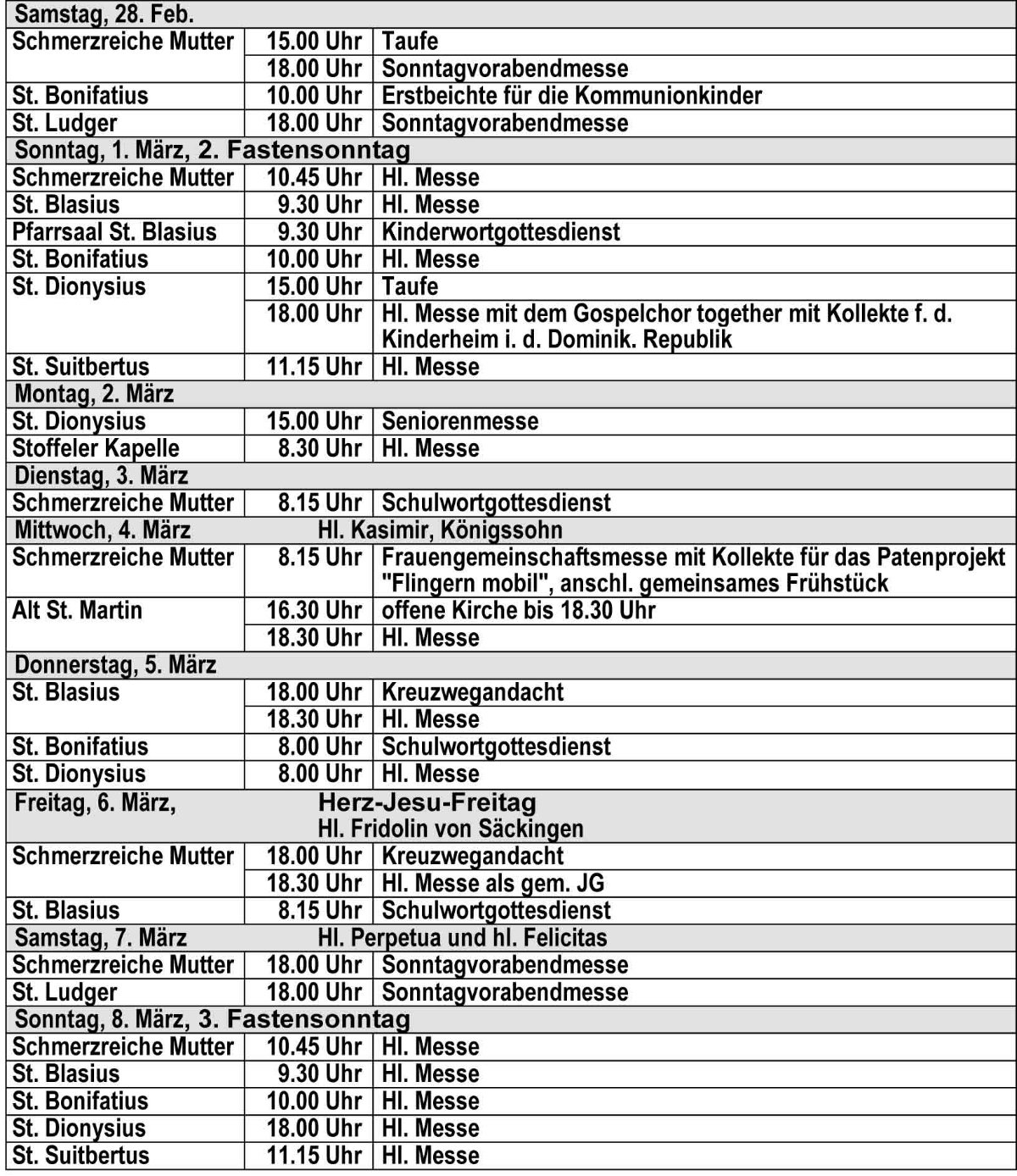 Gottesdienstordnung ab dem 18.02.2026 der kath. Kirchengemeinde St. Bonifatius Düsseldorf (c) kath. Kirchengemeinde St. Bonifatius Düsseldorf