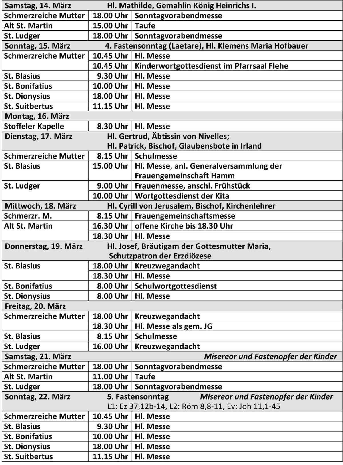 Gottesdienstordnung ab dem 14.03.2026 der kath. Kirchengemeinde St. Bonifatius Düsseldorf (c) kath. Kirchengemeinde St. Bonifatius Düsseldorf