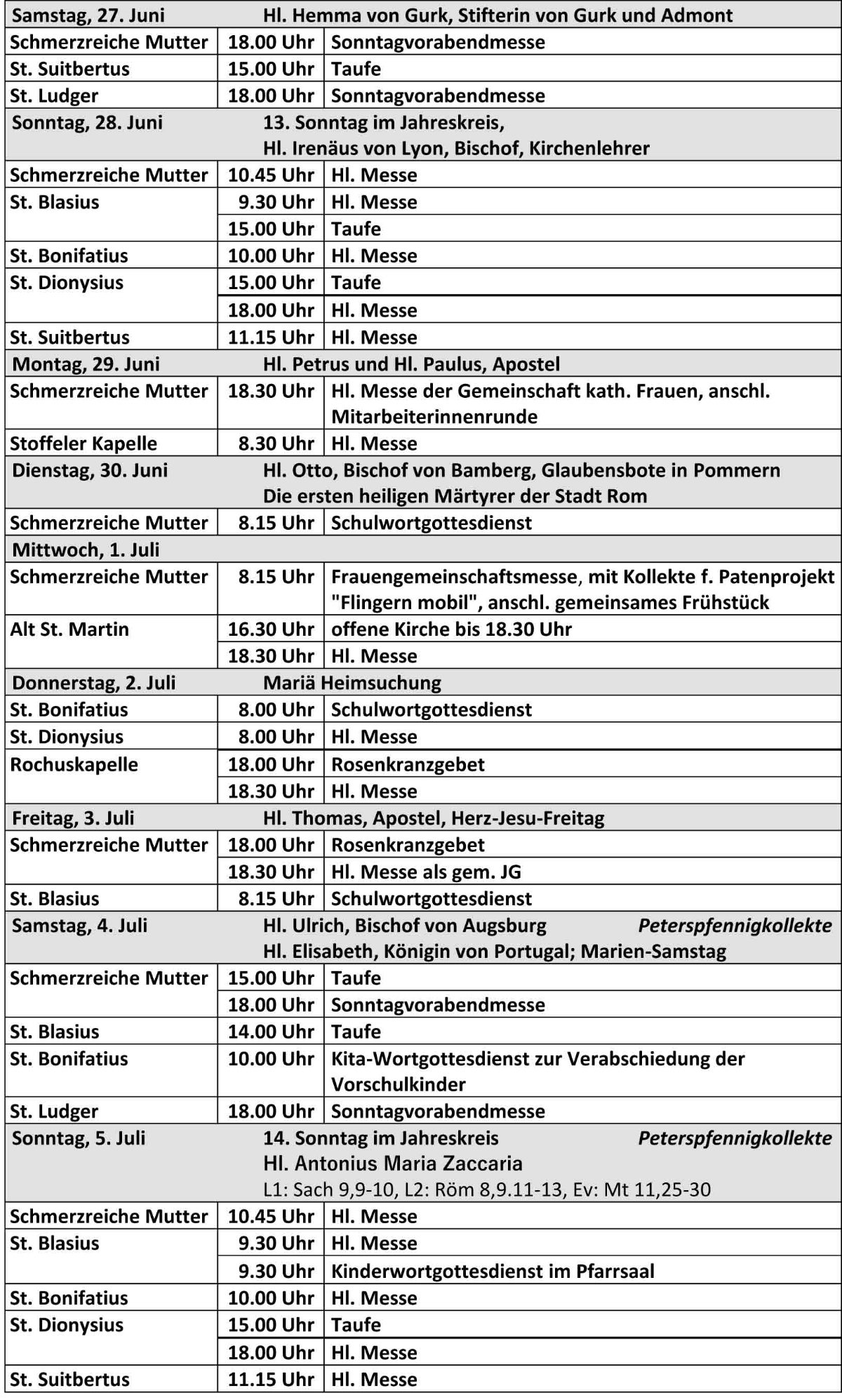 Gottesdienstordnung ab dem 27.06.26 der kath. Kirchengemeinde St. Bonifatius Düsseldorf (c) kath. Kirchengemeinde St. Bonifatius Düsseldorf