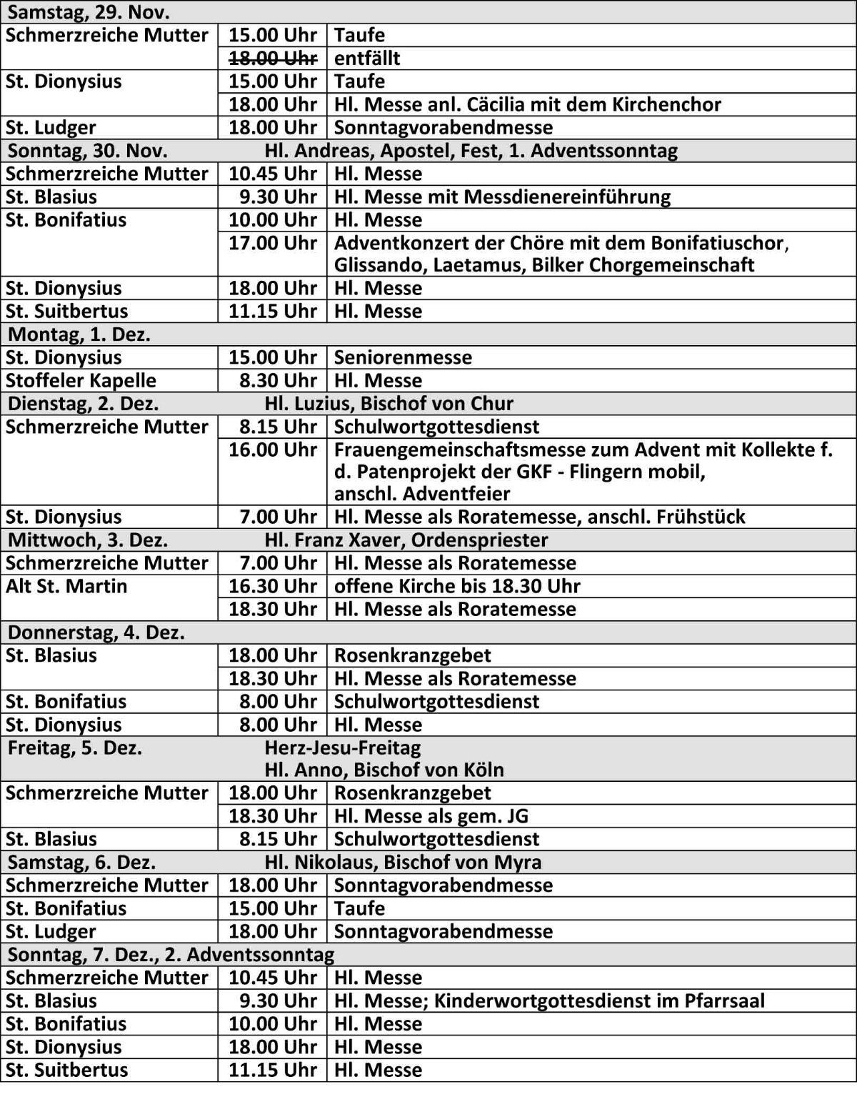 Gottesdienstordnung ab dem 29.11.2025 der kath. Kirchengemeinde St. Bonifatius Düsseldorf (c) kath. Kirchengemeinde St. Bonifatius Düsseldorf