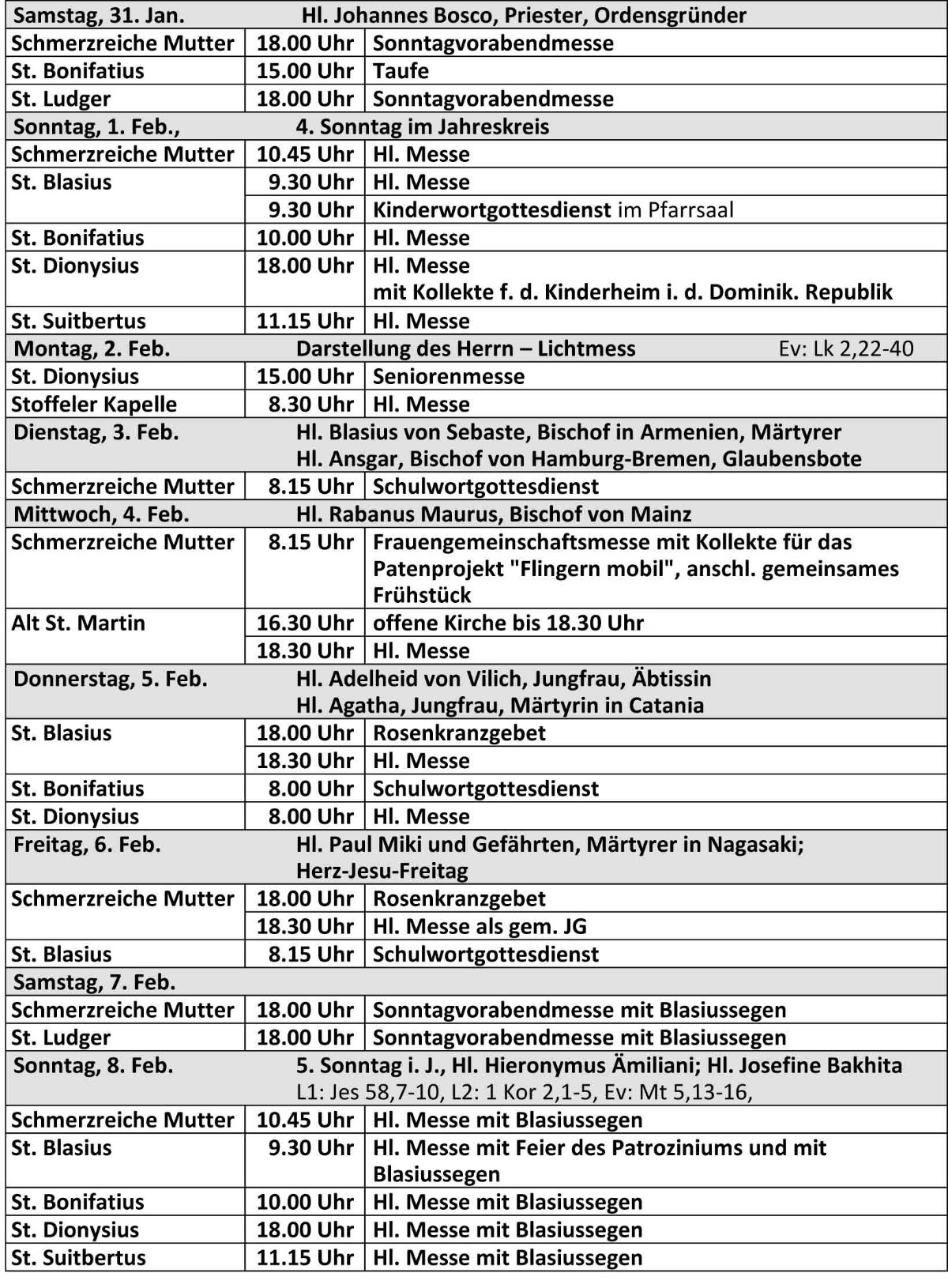 Gottesdienstordnung ab dem 31.01.2026 der kath. Kirchengemeinde St. Bonifatius Düsseldorf (c) kath. Kirchengemeinde St. Bonifatius Düsseldorf