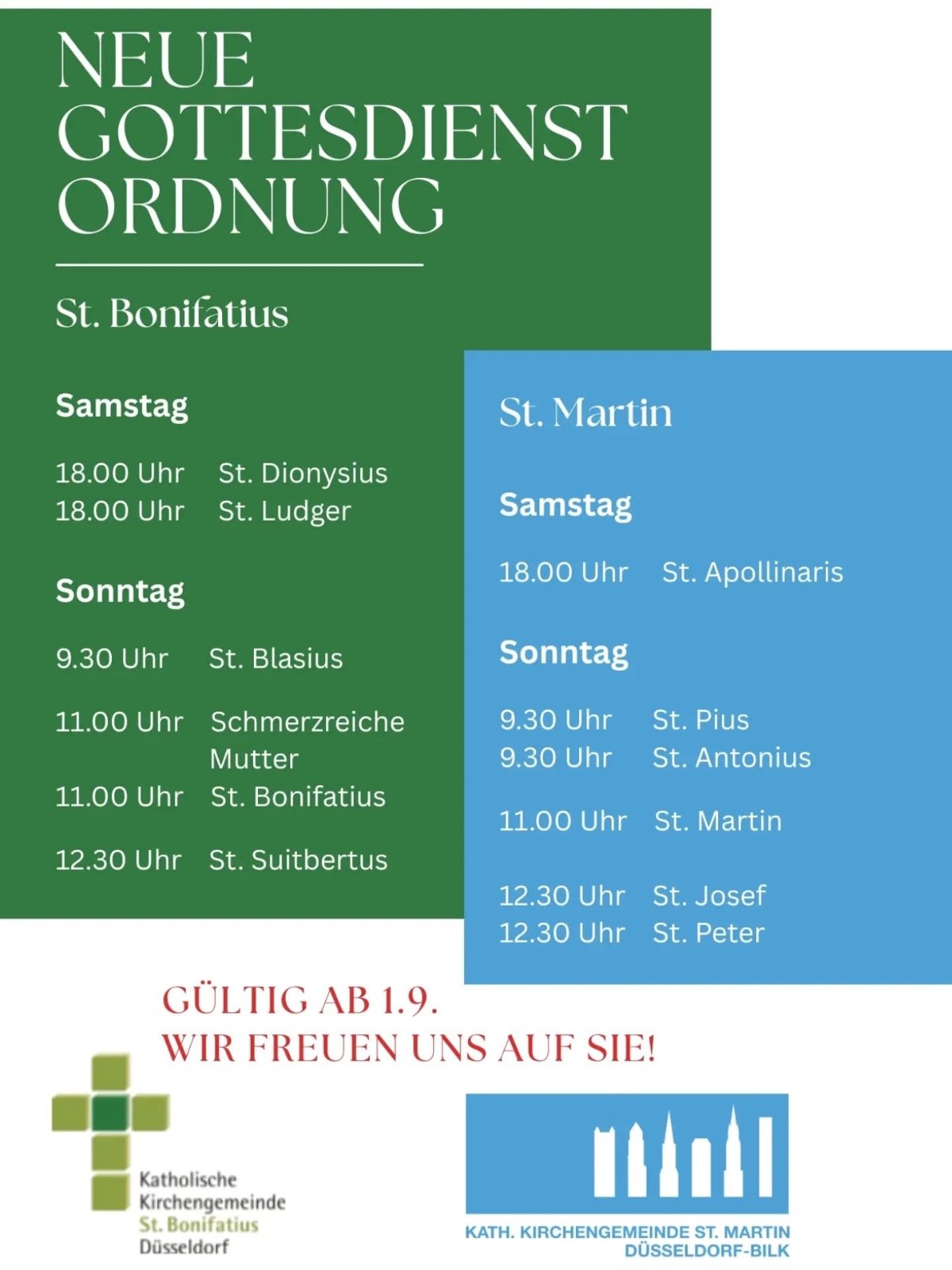 Gottesdienstordnung ab 01.09.2026 (c) kath. Kirchengemeinde St. Bonifatius Düsseldorf