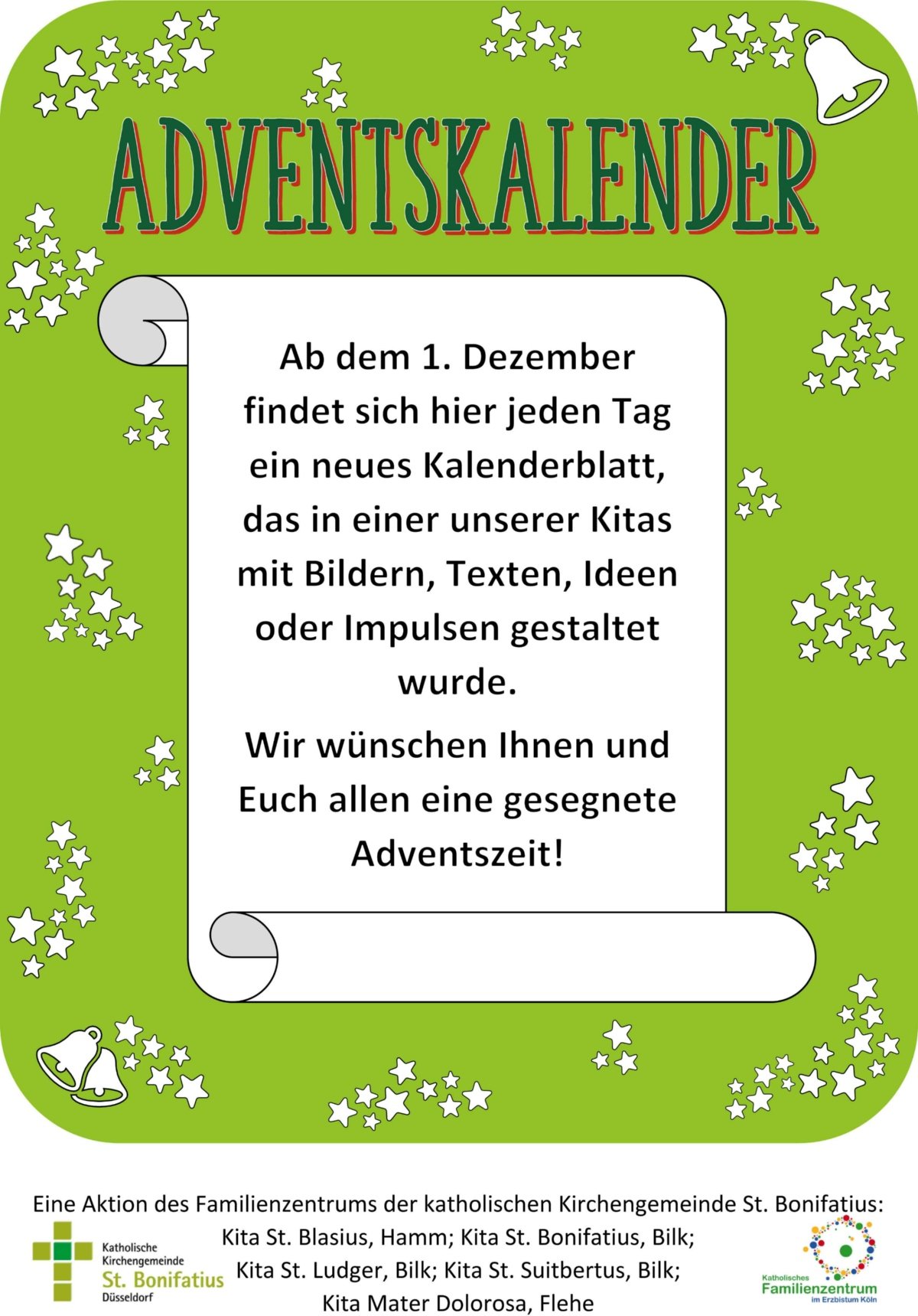 Ab dem 1. Dezember 2020 findet sich hier jeden Tag ein neues Kalenderblatt, das in einer der KiTas der kat. Kirhcengemeinde St. Bonifaitus in Düsseldorf gestaltet wurde. (c) KiTas der kath. Kirchengemeinde St. Bonifaitus Düsseldorf